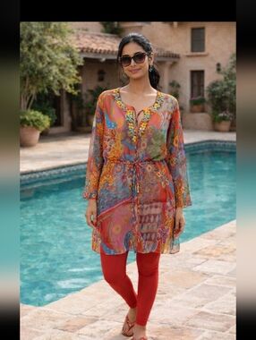 Colorful Floral Sheer Swim Tunic Coverup Size Large